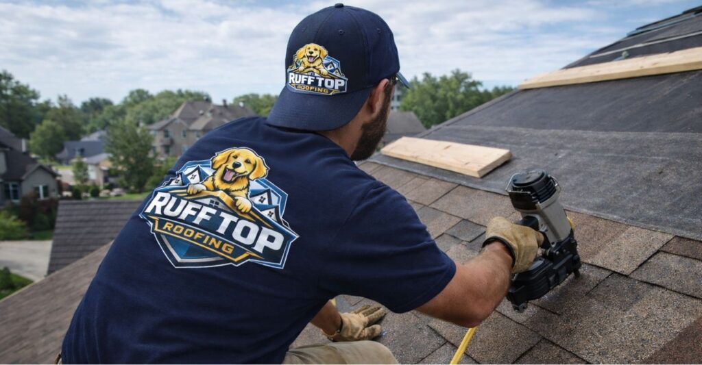 Ruff Top Roofing contractor installing asphalt shingles on a residential roof in Collegeville, Pennsylvania.